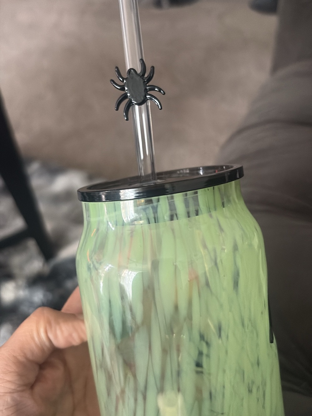 Green Swirl Glass Tumbler with Black Lid and Spider Straw Accent